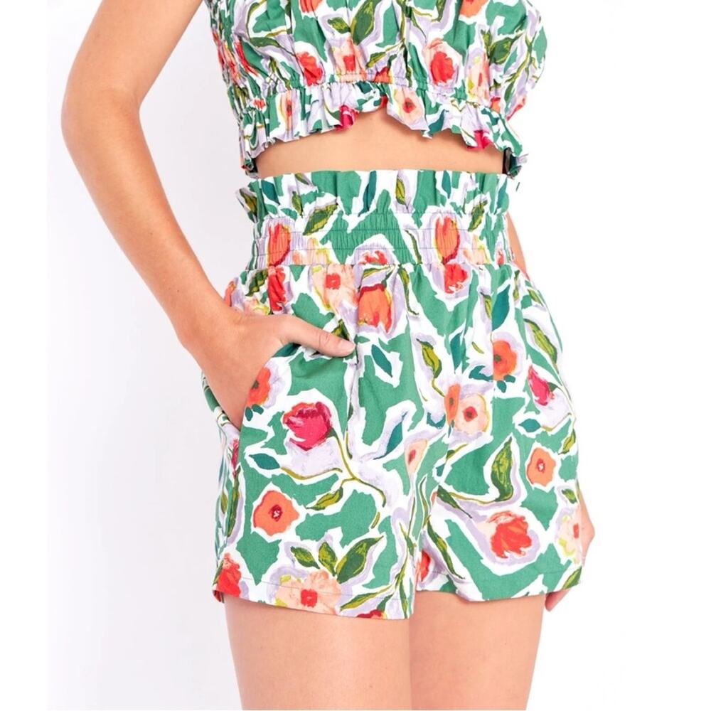 English Factory Floral High Rise Smocked Pull On Cotton Poplin Shorts Green XS